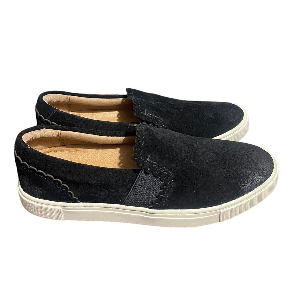 Frye Ivy black suede scalloped‎ slip on boat style shoes women's 6